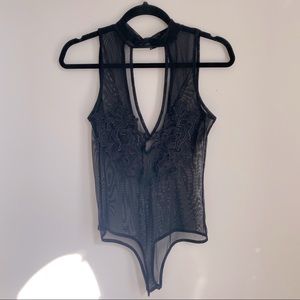 Black Mesh Body-suit with Lace Flower Detail